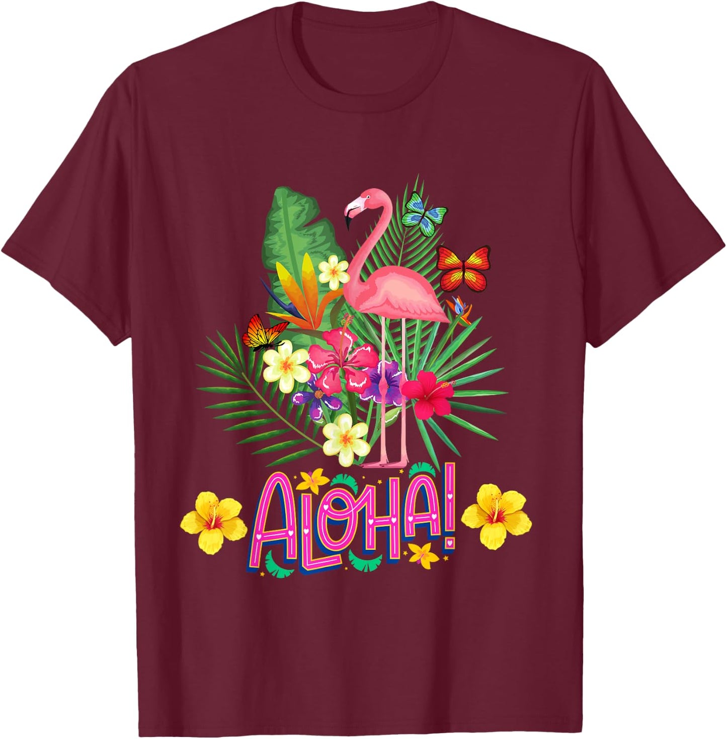 Aloha Flamingo Tropical Flowers and Butterflies , Black, S T-Shirt - T-Shirt | Maroon