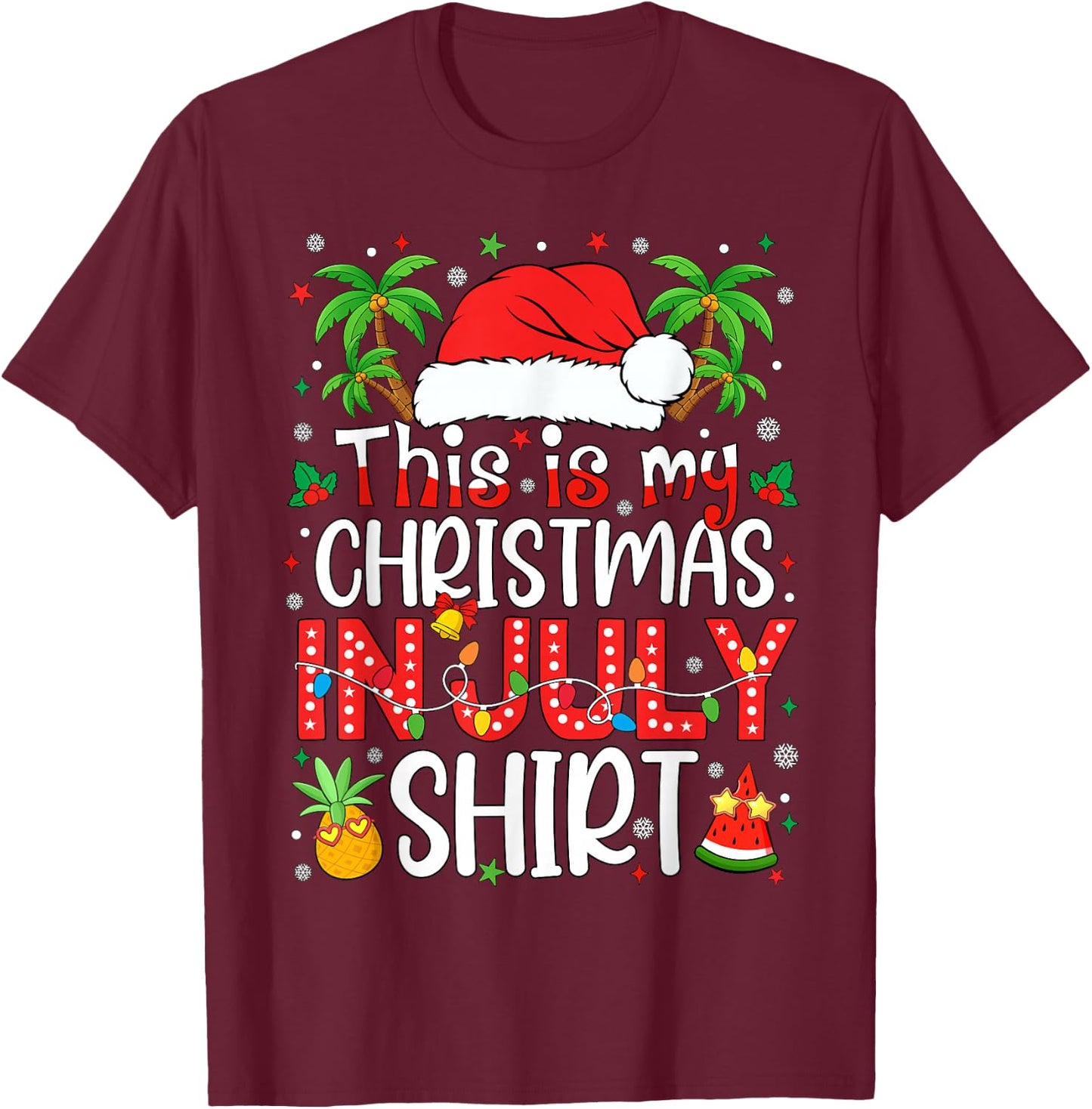 Christmas in July Shirt Santa Hat Summer Beach Vacation Xmas T-Shirt - T-Shirt | Maroon