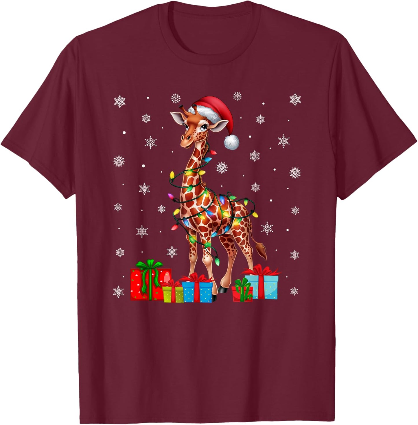 Giraffe Ugly Xmas Lights Santa Hat Giraffe Christmas T-Shirt - T-Shirt | Maroon