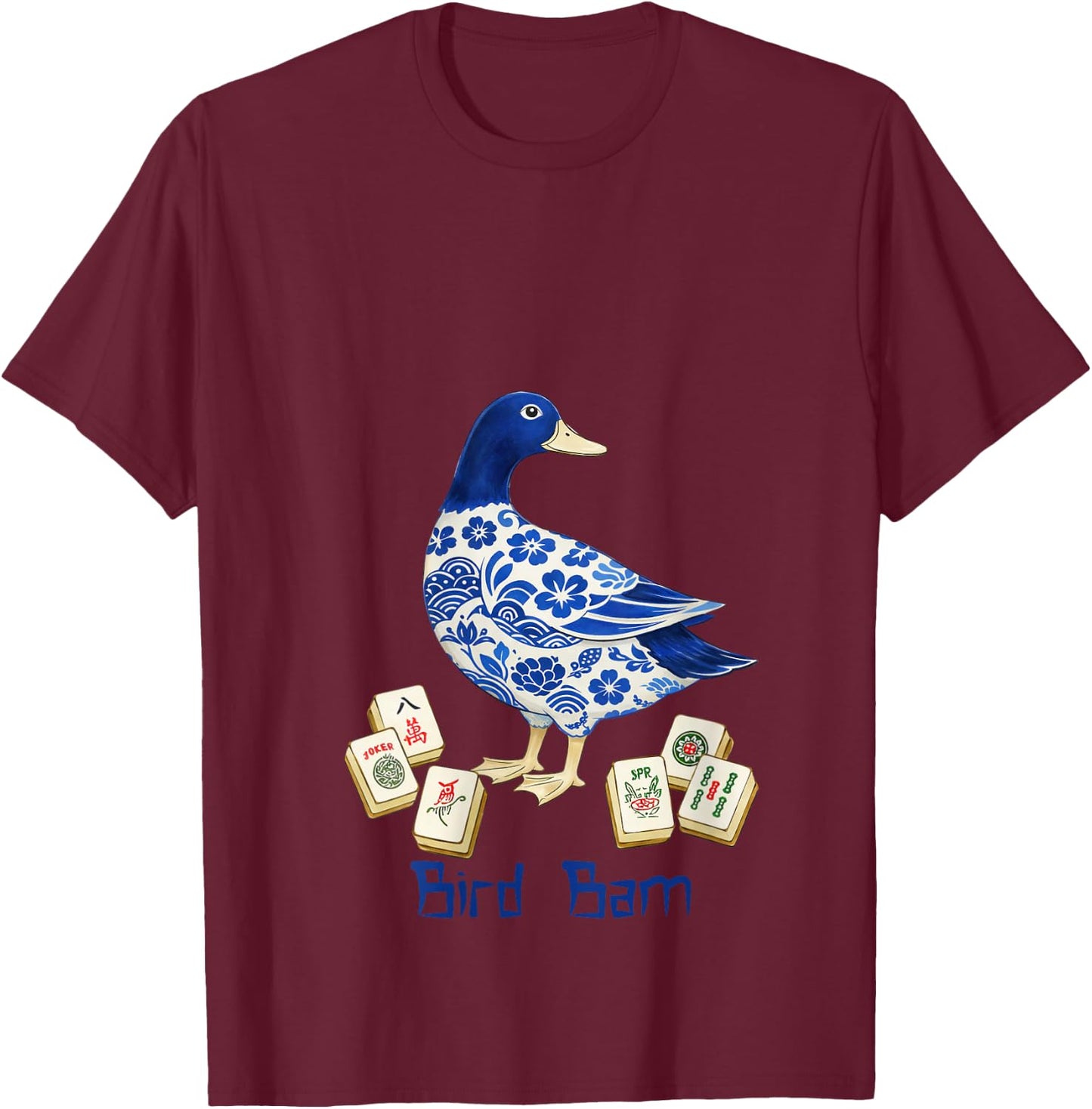 Women's Mahjong Lover Mahjong Player Mallard Duck Chinese Bird Bam V-Neck T-Shirt - T-Shirt | Maroon