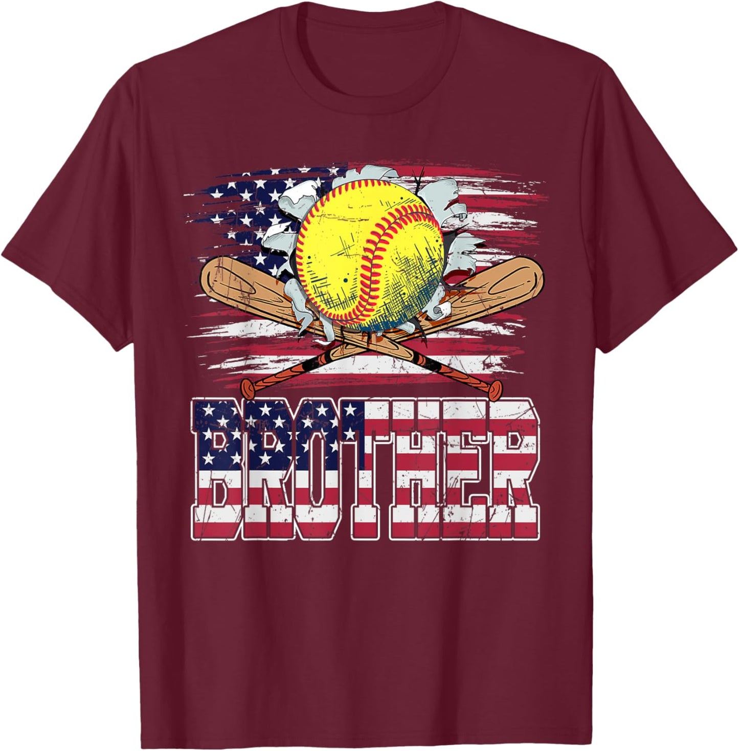 Softball Brother Vintage USA American Flag 4th Of July Women Kids Men T-Shirt - T-Shirt | Maroon
