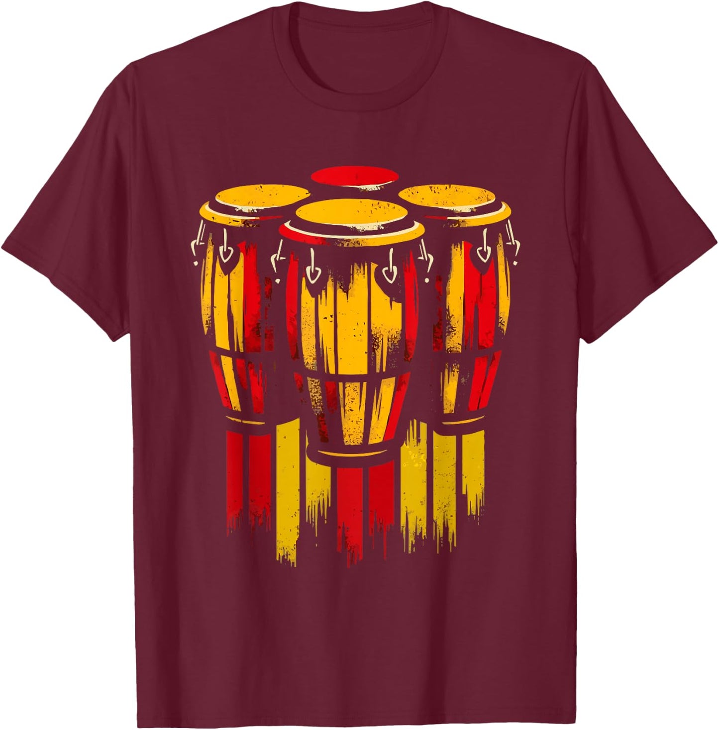 Vibrant Red Yellow Bongos Drums Graphic T-Shirt - T-Shirt | Maroon