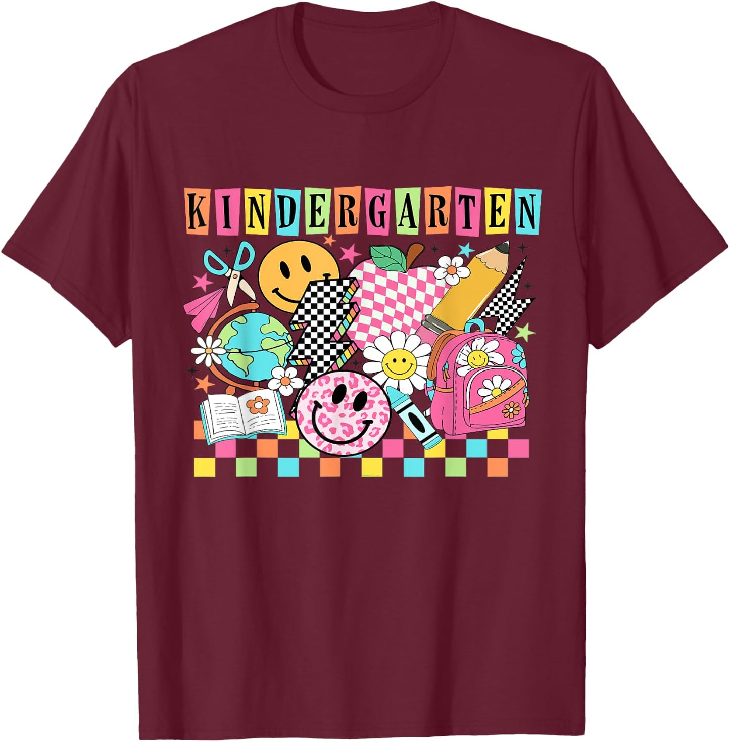 Kindergarten Girls 1990s 90s Back to School Rainbow Groovy T-Shirt - T-Shirt | Maroon