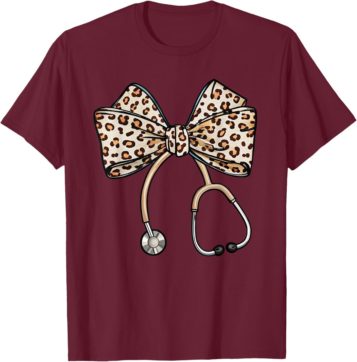 Coquette Nurse Stethoscope Leopard Coquette Bow Aesthetic T-Shirt - T-Shirt | Maroon