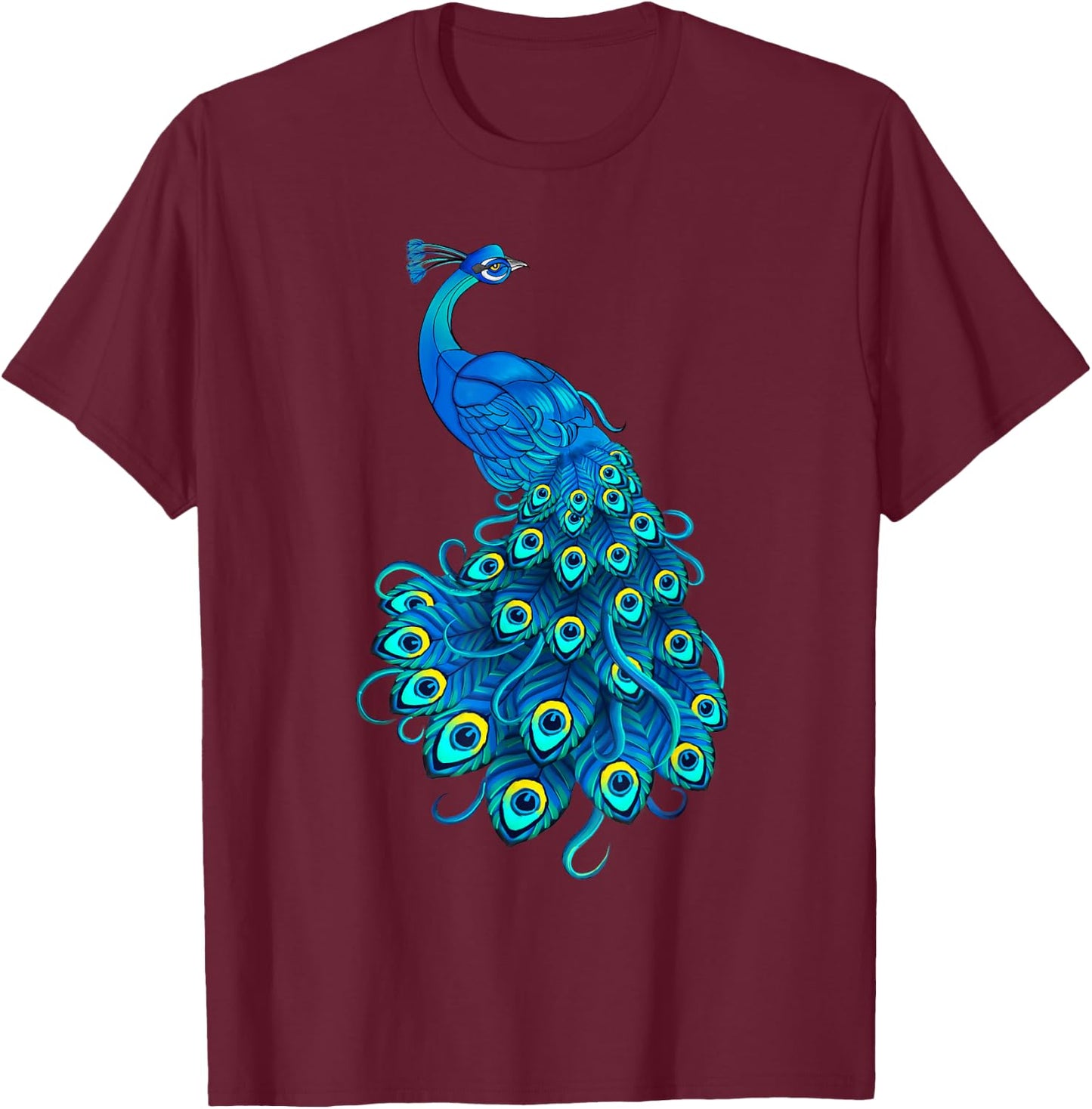 Blue Peacock Print Teal Feathers Bird Lover Men Women Gifts T-Shirt - T-Shirt | Maroon