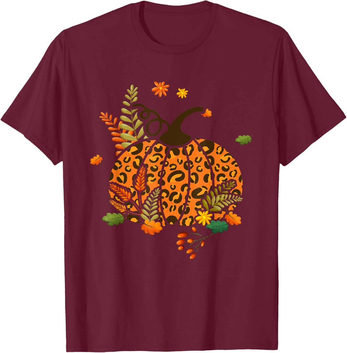 Leopard Print Pumpkin Halloween Fall Autumn Thanksgiving T-Shirt - T-Shirt | Maroon