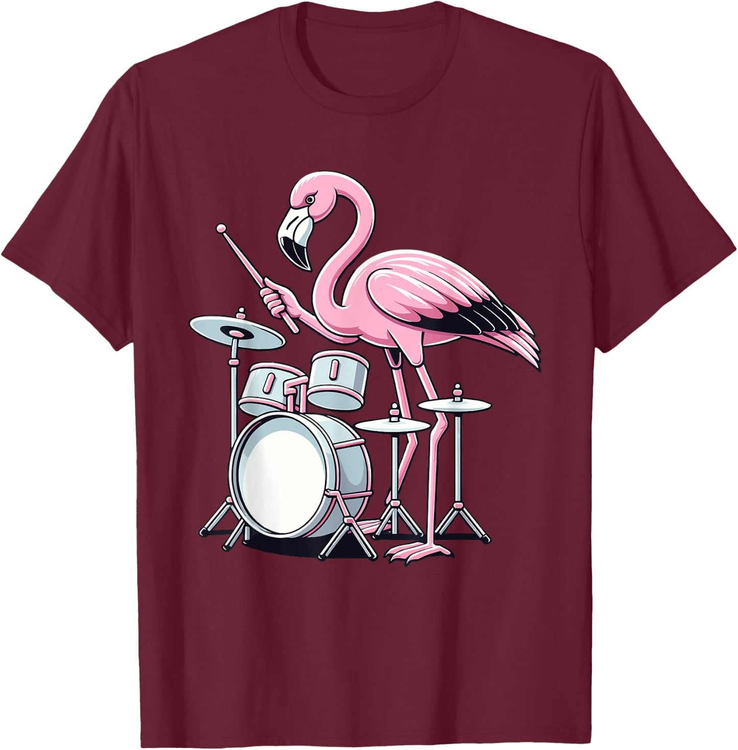 Drummer Flamingo Drumming Player Playing Drums Drumset T-Shirt - T-Shirt | Maroon