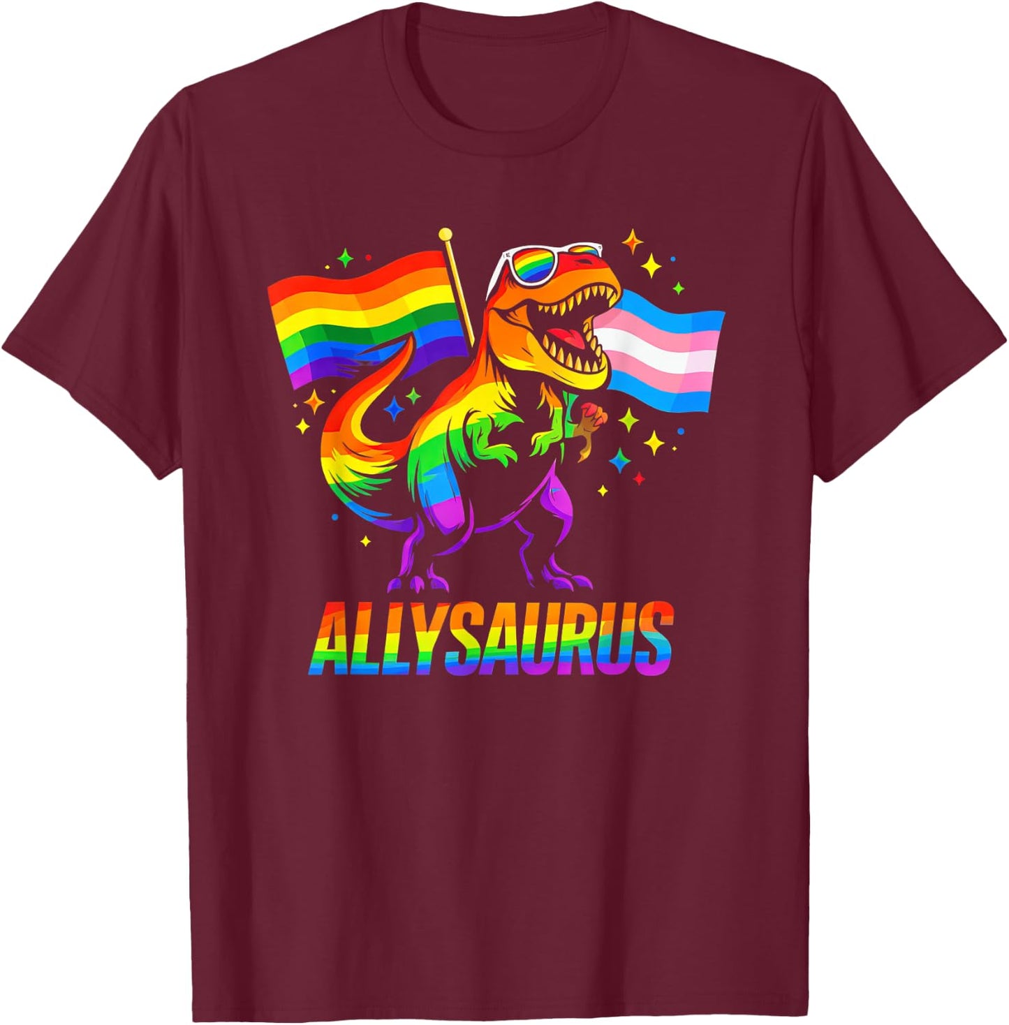 Allysaurus LGBT Rainbow Flag Ally Dinosaur LGBT Pride T-Shirt - T-Shirt | Maroon