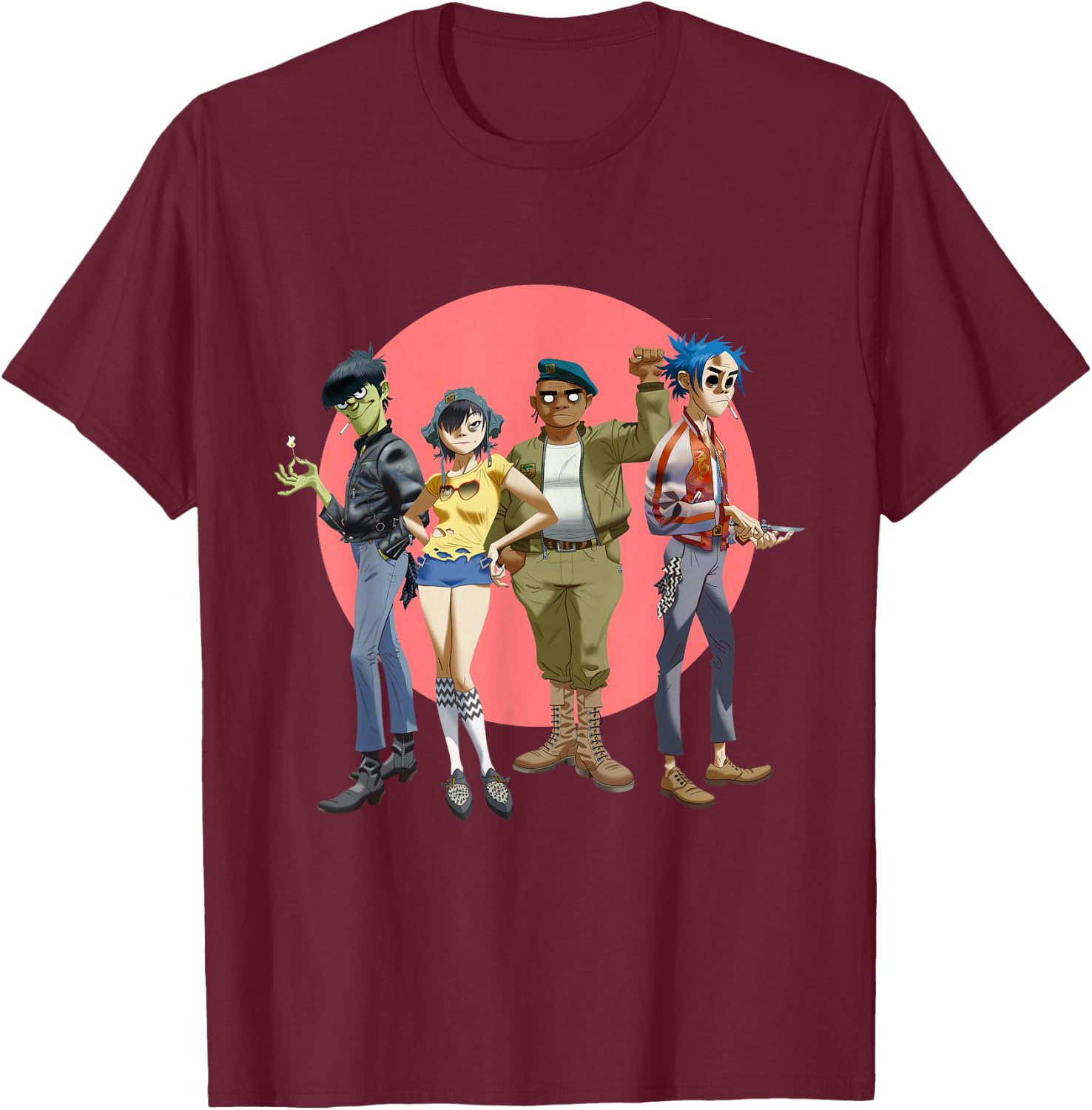 Gorillaz Group Circle Rise T-Shirt - T-Shirt | Maroon