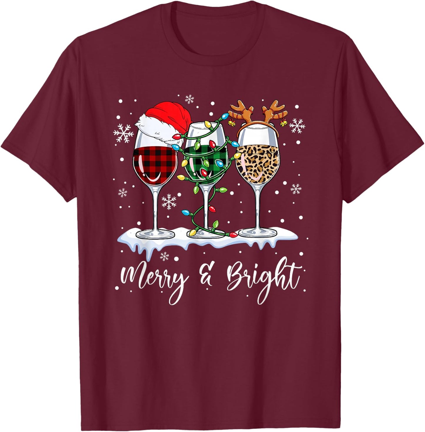 Three Wine Glasses Merry And Bright Christmas Wine Lover T-Shirt - T-Shirt | Maroon