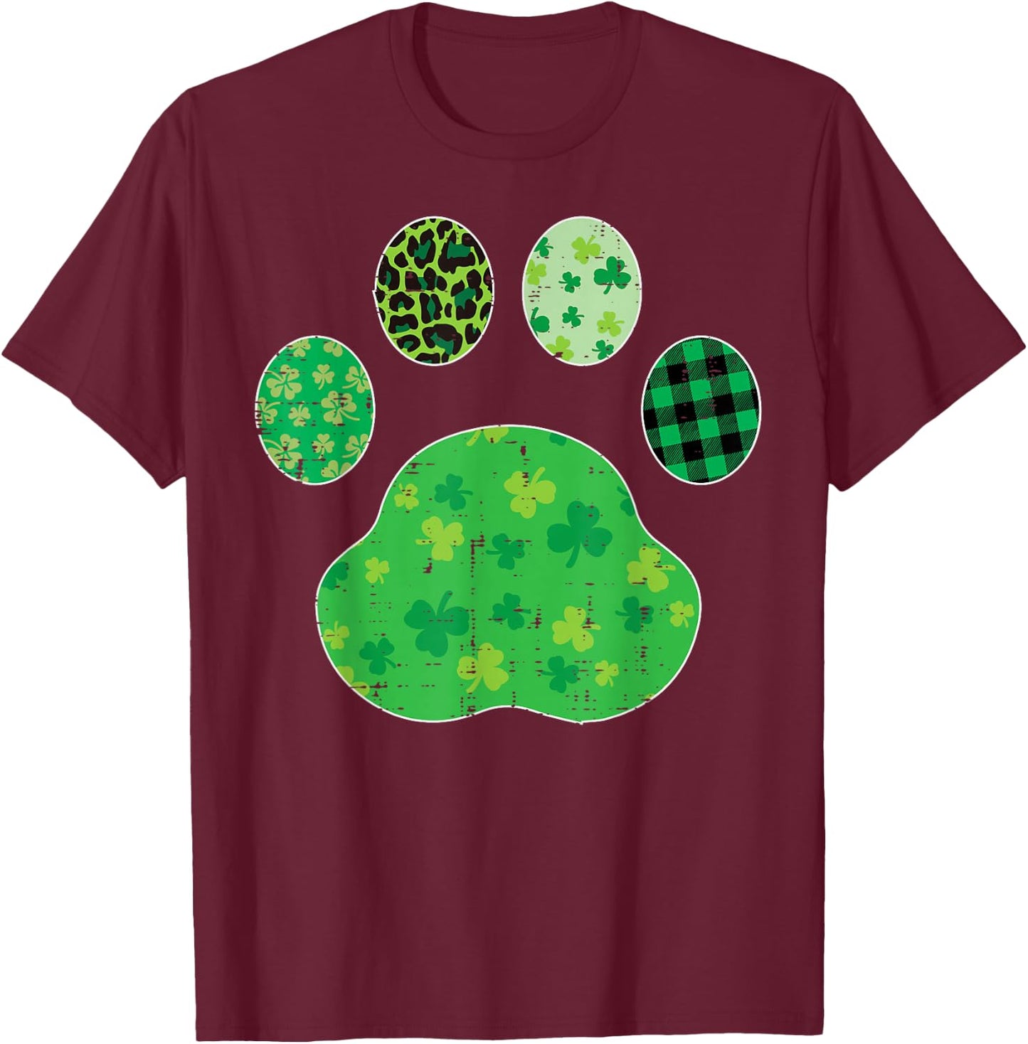 St Patricks Day Dog Cat Paw Shamrock Leopard Men Women Kids T-Shirt - T-Shirt | Maroon