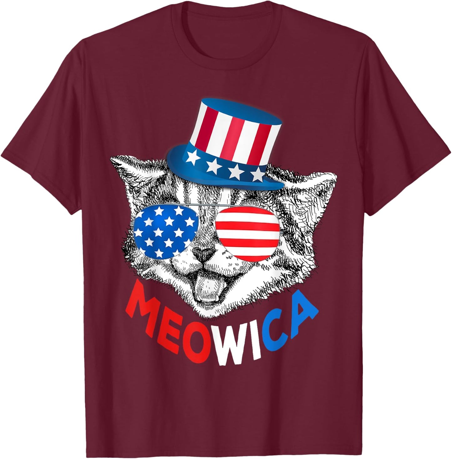 Patriotic Cat 4th of July Kids American Flag Girls Meowica T-Shirt - T-Shirt | Maroon