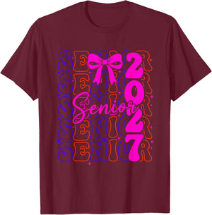 Senior Class of 2027 Coquette Bow Graduation T-Shirt - T-Shirt | Maroon