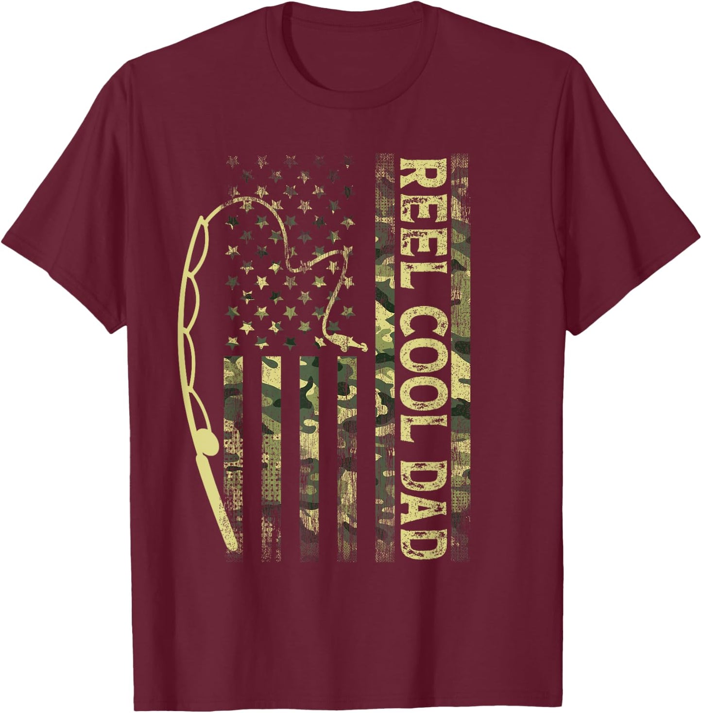 Reel Cool Dad Camouflage American Flag Father's Day Camo T-Shirt - T-Shirt | Maroon