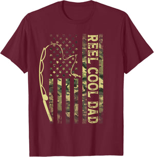 Reel Cool Dad Camouflage American Flag Father's Day Camo T-Shirt - T-Shirt | Maroon