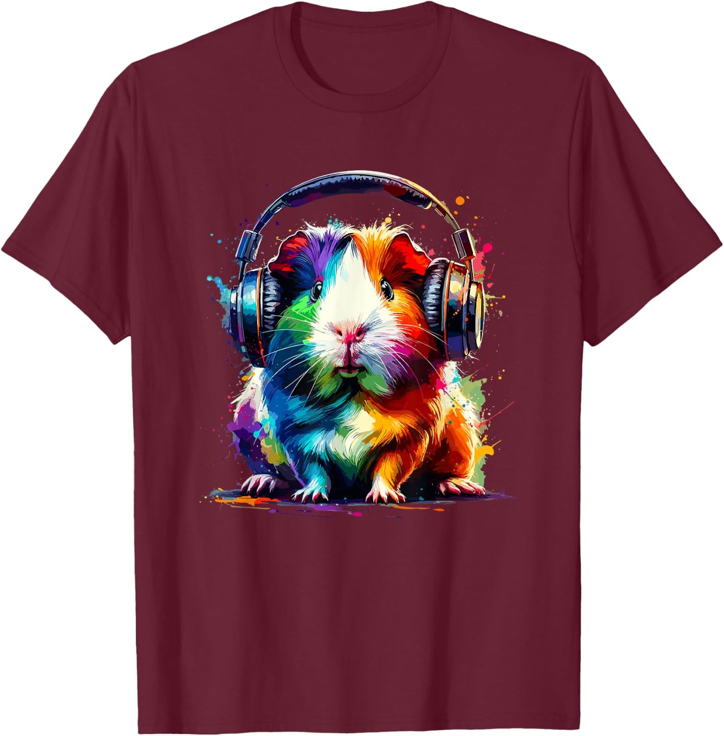 Colorful Splash Art Headphones Guinea Pig Lover Guinea Pigs T-Shirt - T-Shirt | Maroon