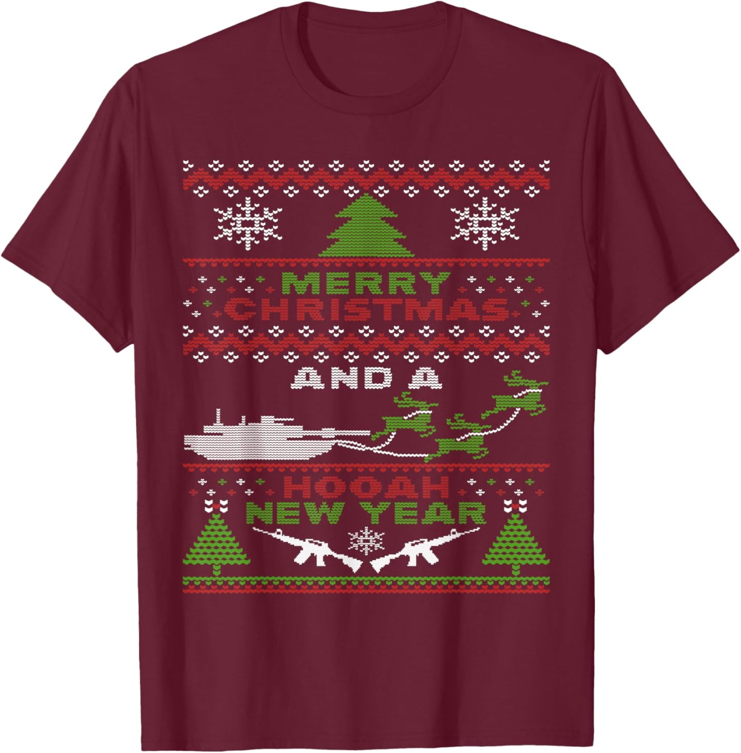 Military Ugly Christmas Sweater Tanks Guns Hooah T-Shirt - T-Shirt | Maroon