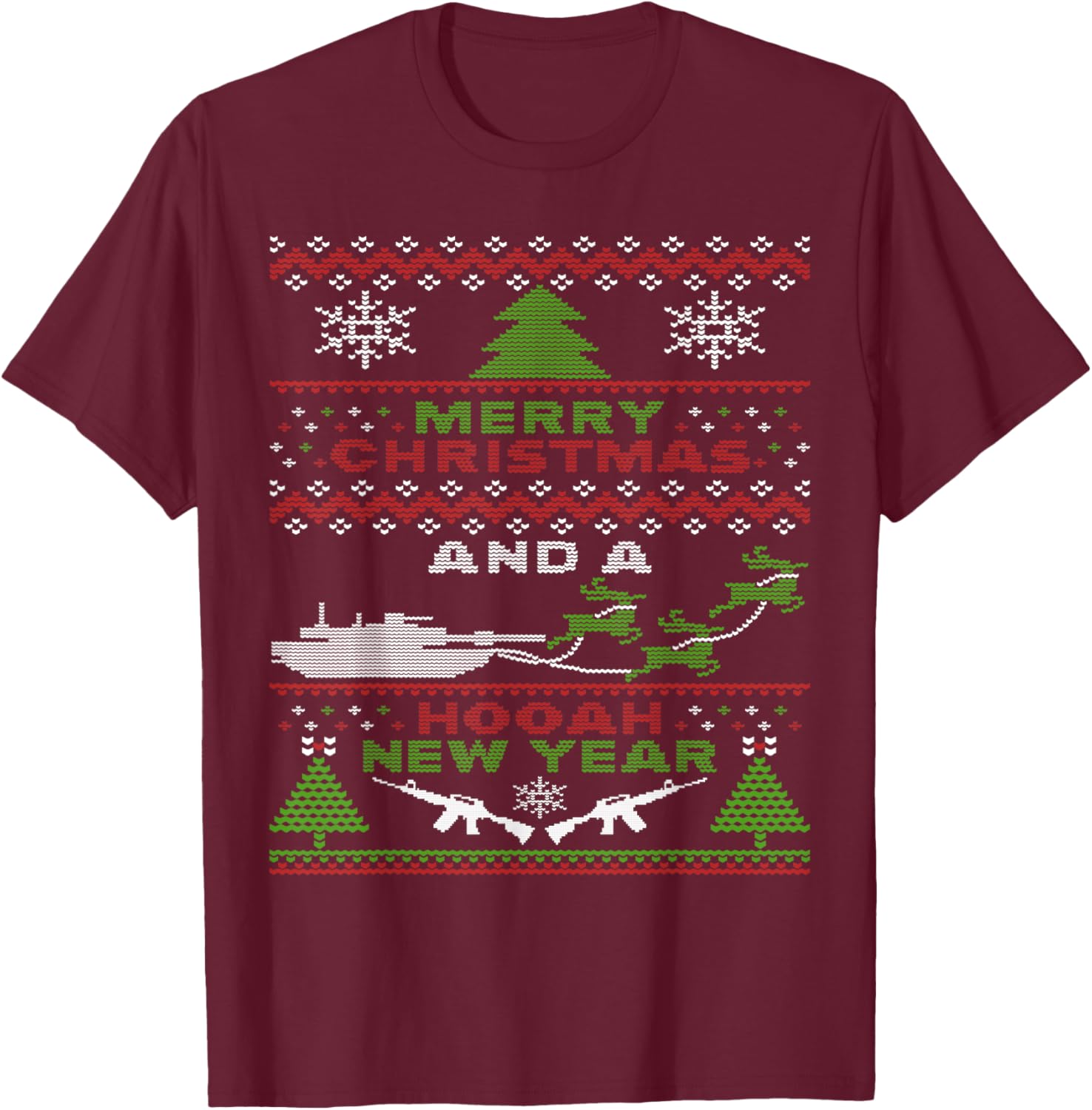 Military Ugly Christmas Sweater Tanks Guns Hooah T-Shirt - T-Shirt | Maroon