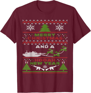 Military Ugly Christmas Sweater Tanks Guns Hooah T-Shirt - T-Shirt | Maroon