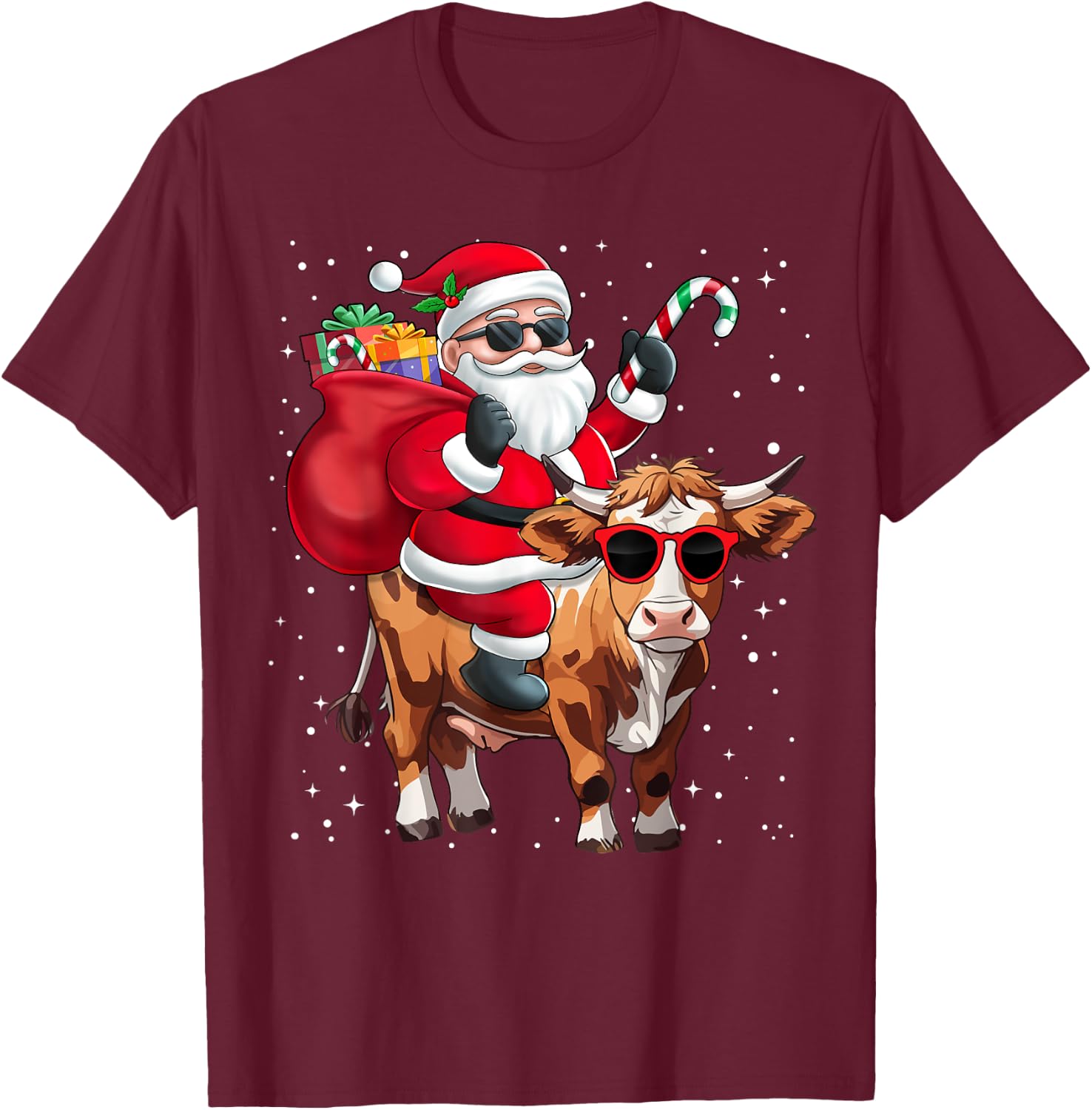Santa Claus Riding A Cow Christmas Boy Girl Kids T-Shirt - T-Shirt | Maroon
