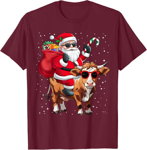 Santa Claus Riding A Cow Christmas Boy Girl Kids T-Shirt - T-Shirt | Maroon
