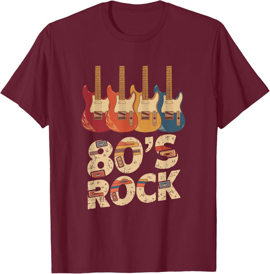 80's Rock - Rock Band Guitar Cassette Tape T-Shirt - T-Shirt | Maroon