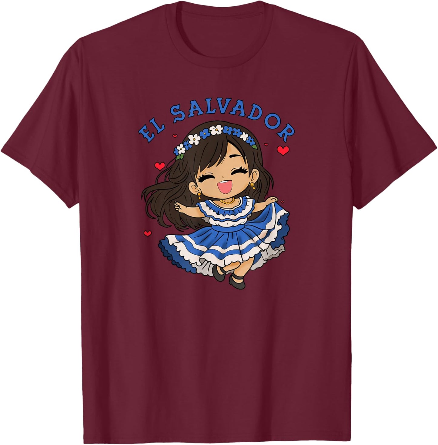 El Salvador Girl Salvadoran Woman Bicha Hearts T-Shirt - T-Shirt | Maroon
