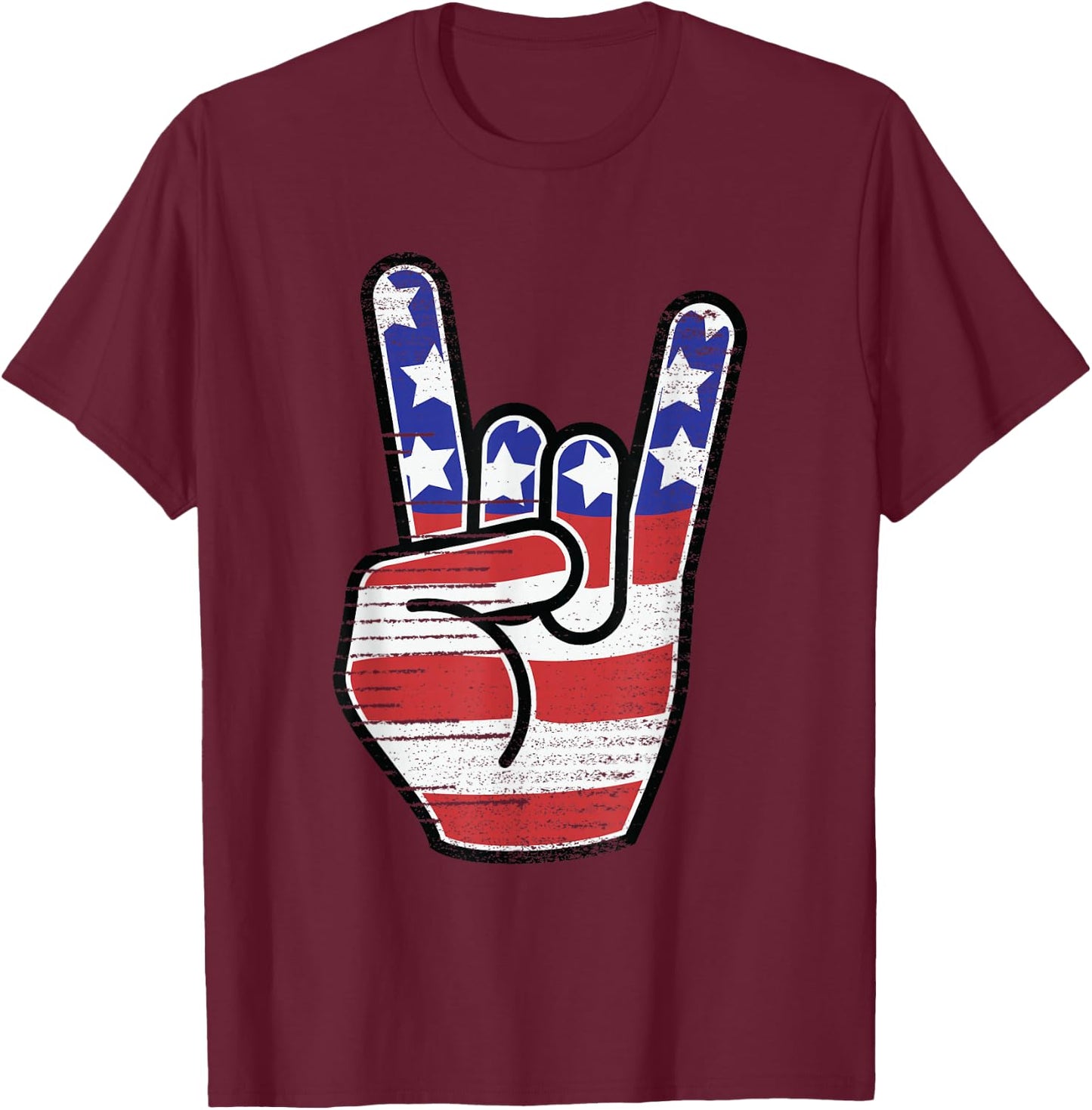 Rock n Roll Shirt USA Flag Horns Sign Retro Concert Band T-Shirt - T-Shirt | Maroon