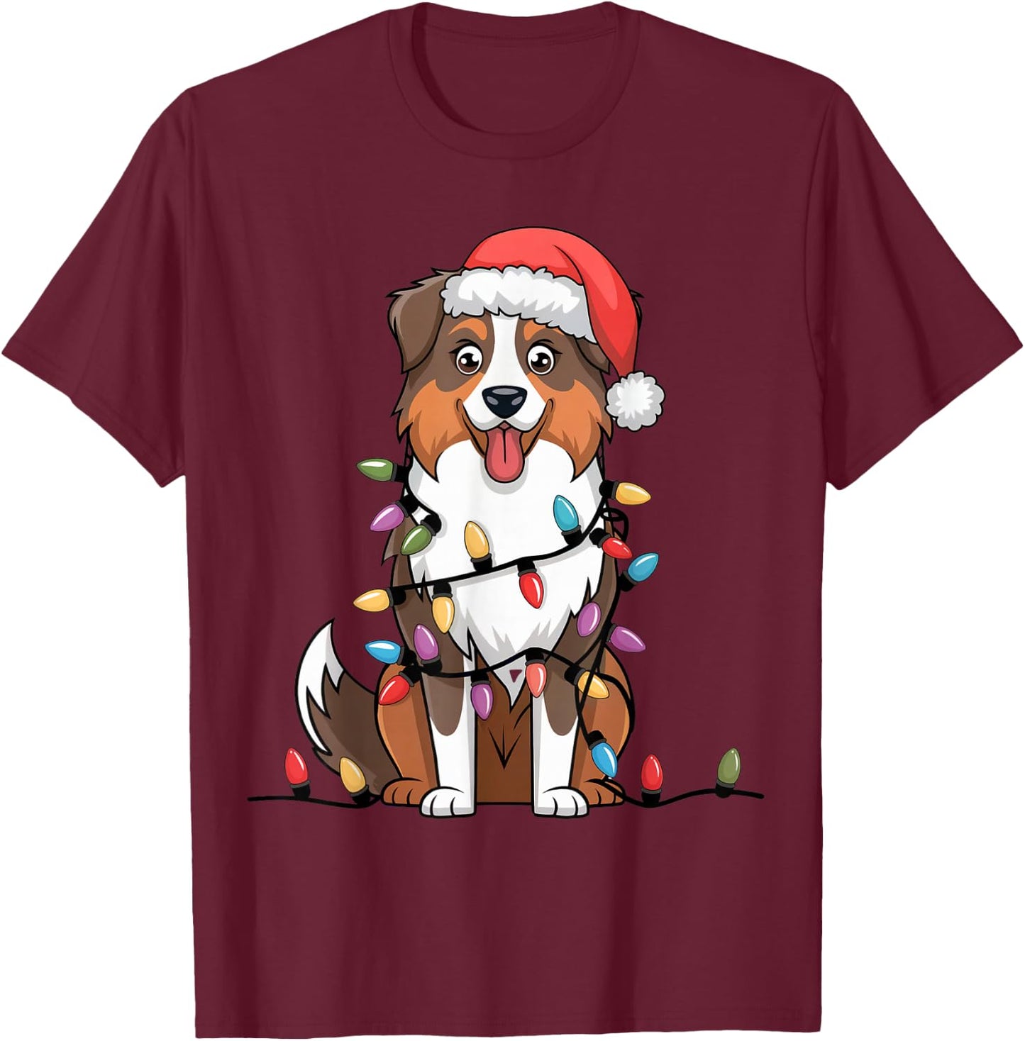 Australian Shepherd Christmas Lights Xmas Dogs Gifts T-Shirt - T-Shirt | Maroon