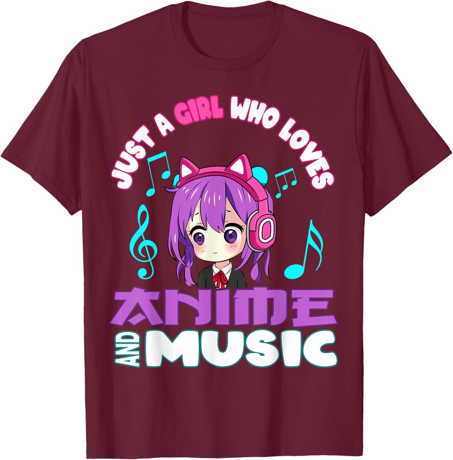 Anime and Music Girl for Teen cute chibi graphic T-Shirt - T-Shirt | Maroon