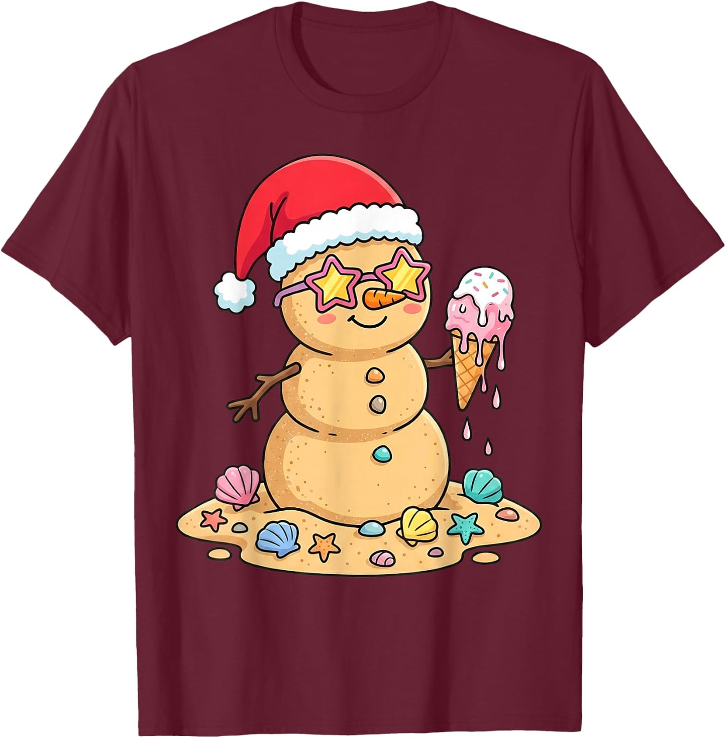 Cute Sand Snowman Santa Hat Christmas in July T-Shirt - T-Shirt | Maroon