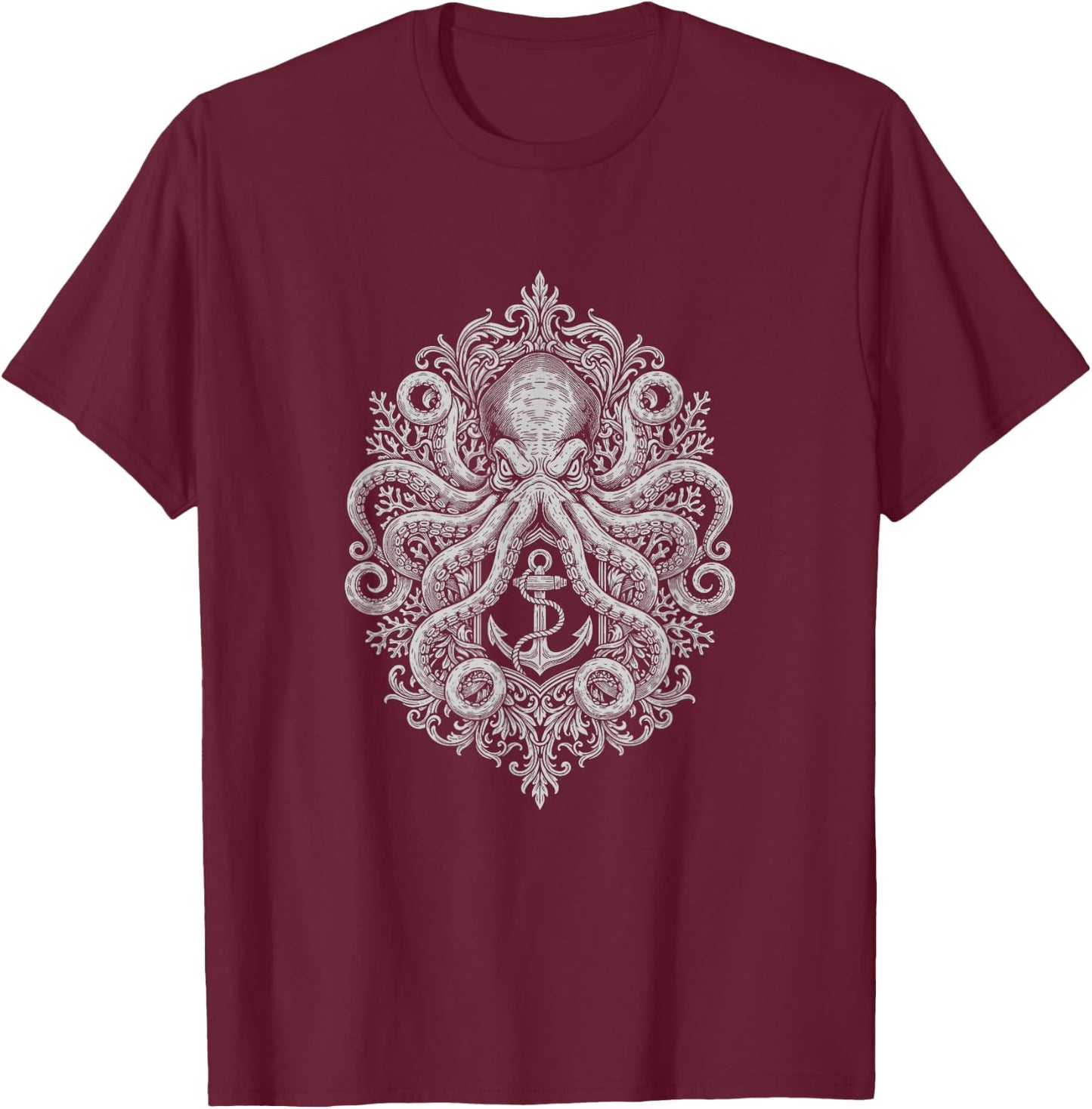 Ornamental Octopus Dark Art Mystical Emblem Captain Sailor T-Shirt - T-Shirt | Maroon