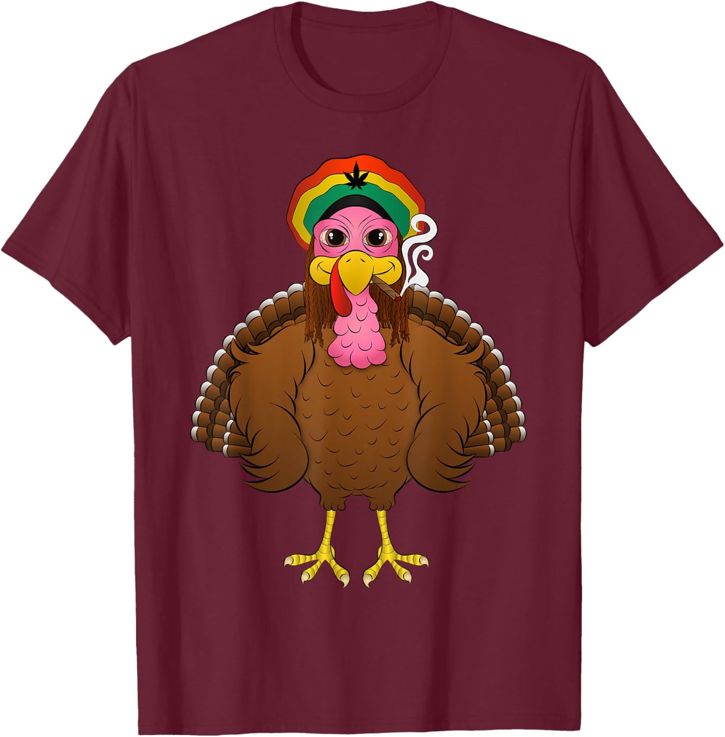 Funny Rasta Turkey Cartoon Smoking Weed Thanksgiving Gift T-Shirt - T-Shirt | Maroon