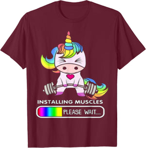 Installing Muscles Please Wait Funny Unicorn T-Shirt - T-Shirt | Maroon