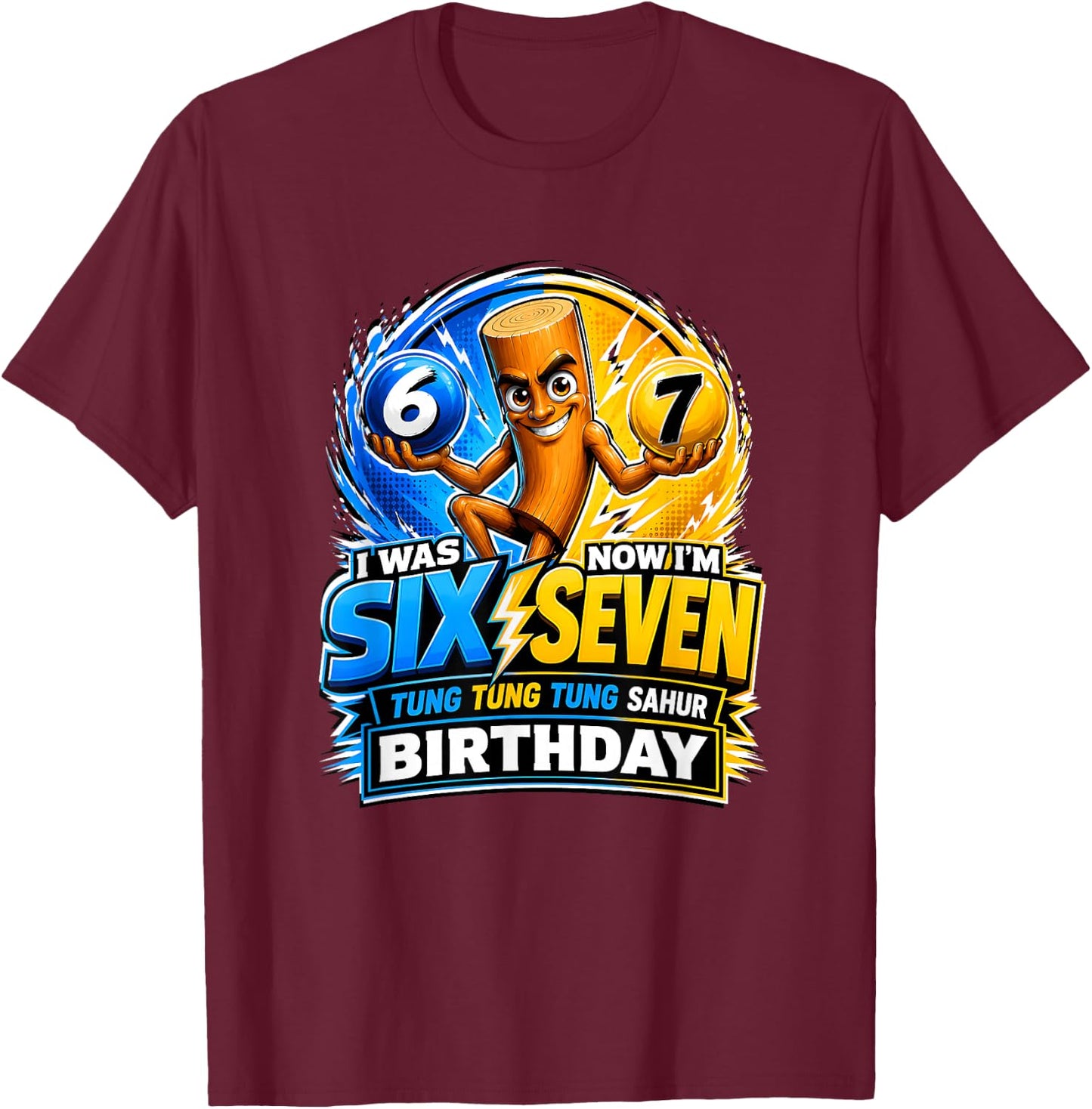 Funny 7th Birthday 67 Brainrot Meme Tung Tung Tung Sahur T-Shirt - T-Shirt | Maroon
