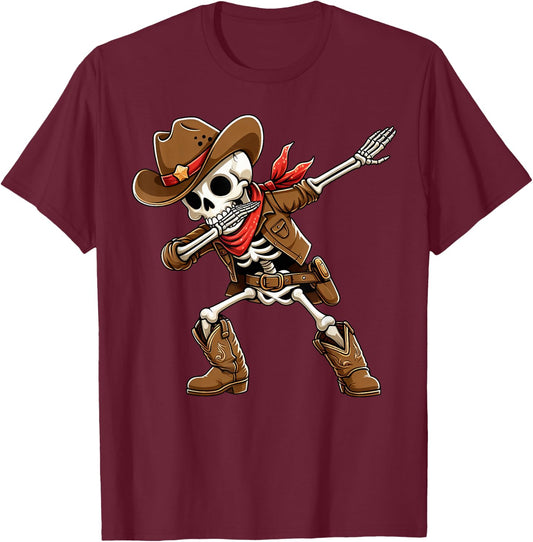 Funny Dabbing Skeleton Cowboy Halloween Costume Kids Boys T-Shirt - T-Shirt | Maroon