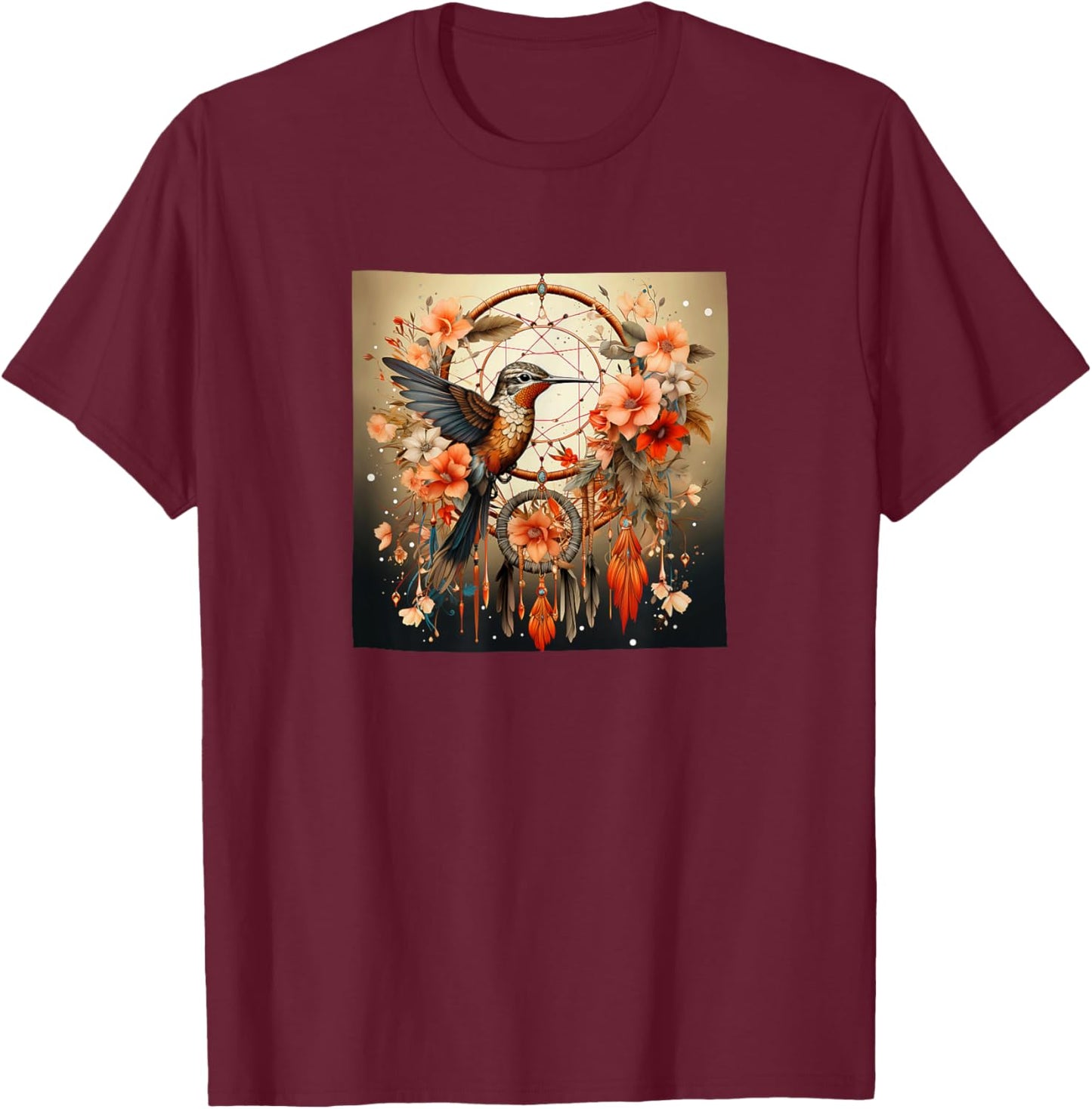 Hummingbird Flowers Dreamcatcher Graphic T-Shirt - T-Shirt | Maroon