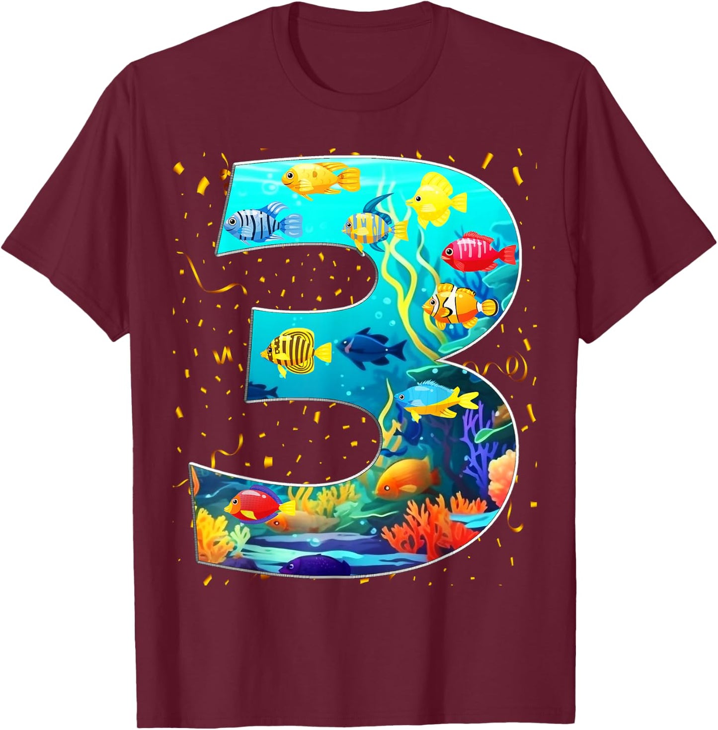3rd Birthday Party 3 Year Old Sea Fish Aquarium Birthday Boy T-Shirt - T-Shirt | Maroon