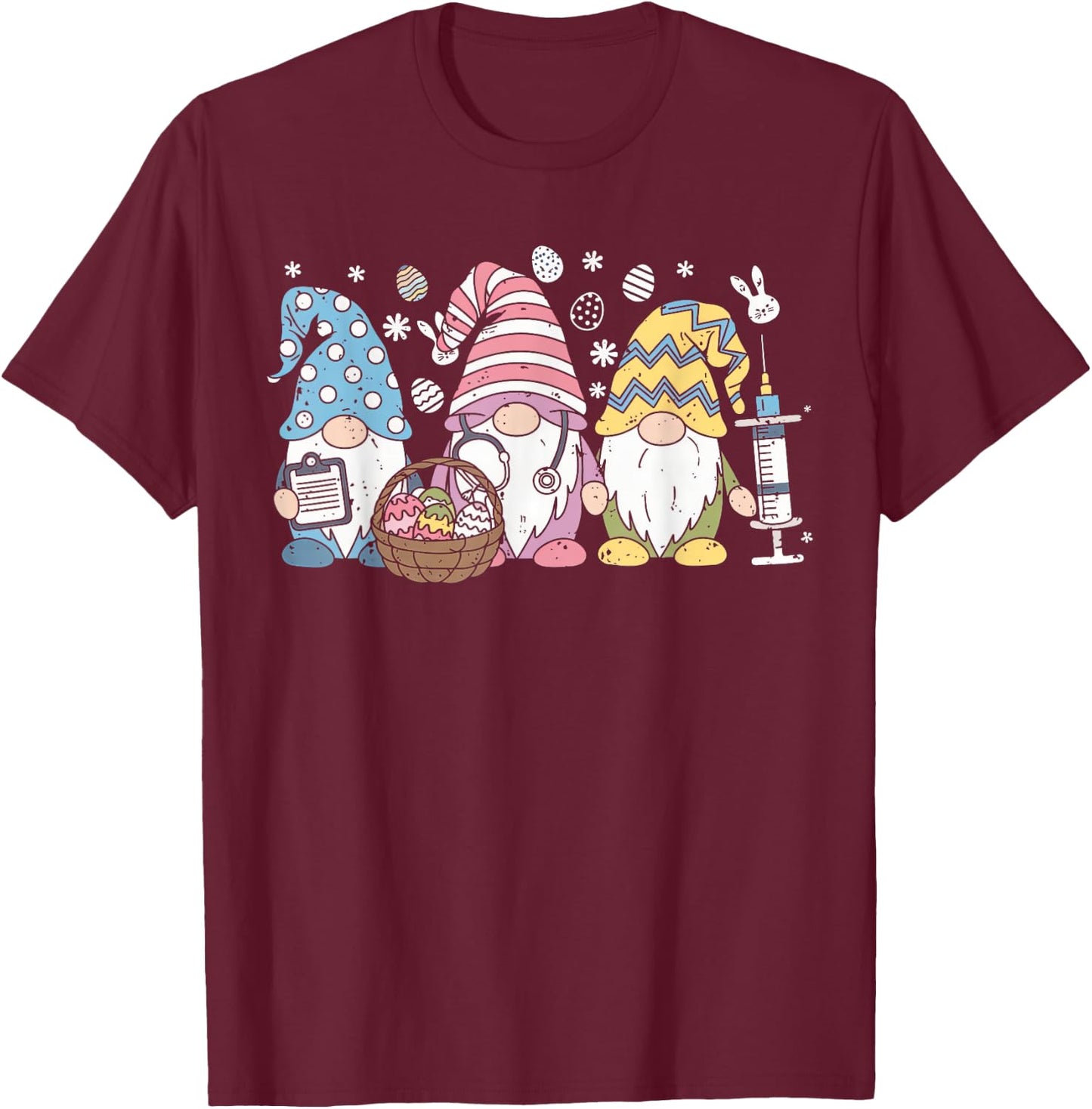 Nurse Gnomes Stethoscope Eggs Easter Scrub RN ICU Women T-Shirt - T-Shirt | Maroon