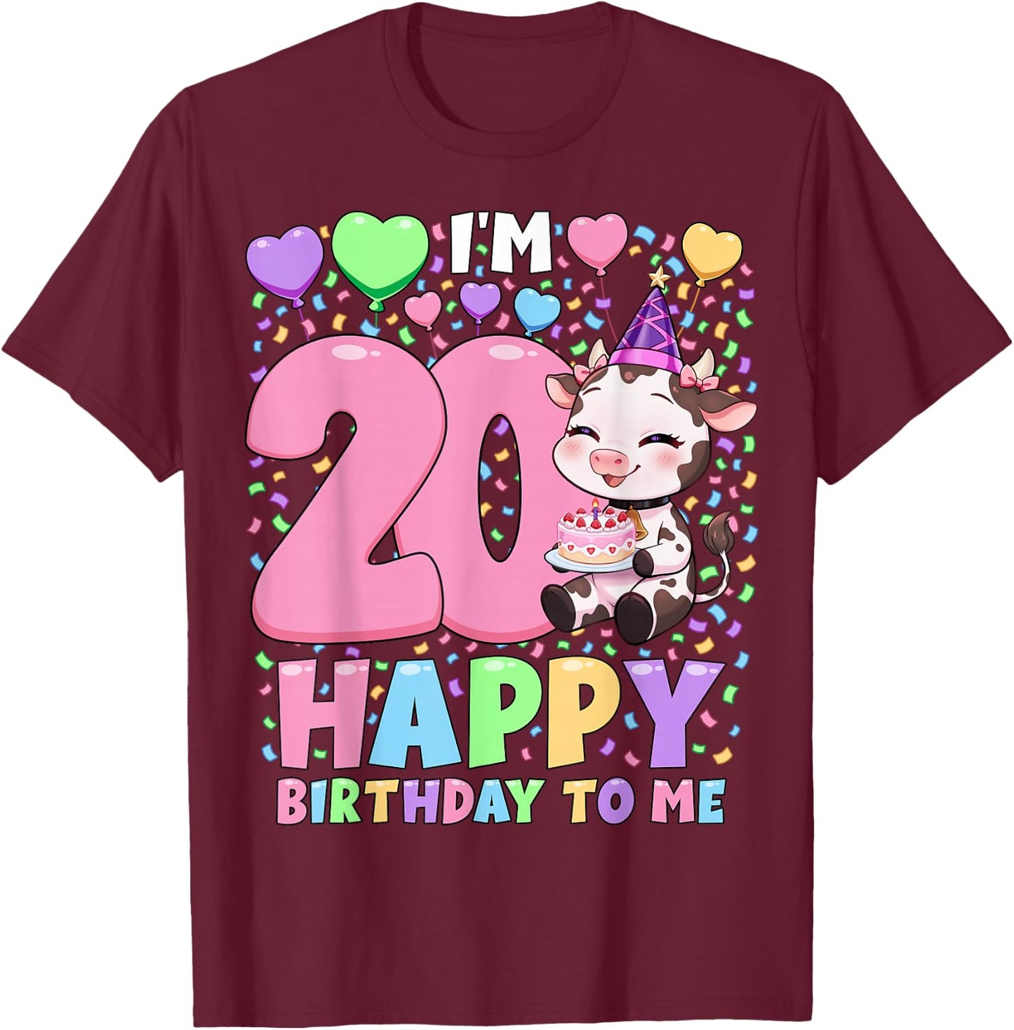 Farm Animal Cow Birthday Shirt | Girls 20th Birthday Cow T-Shirt - T-Shirt | Maroon