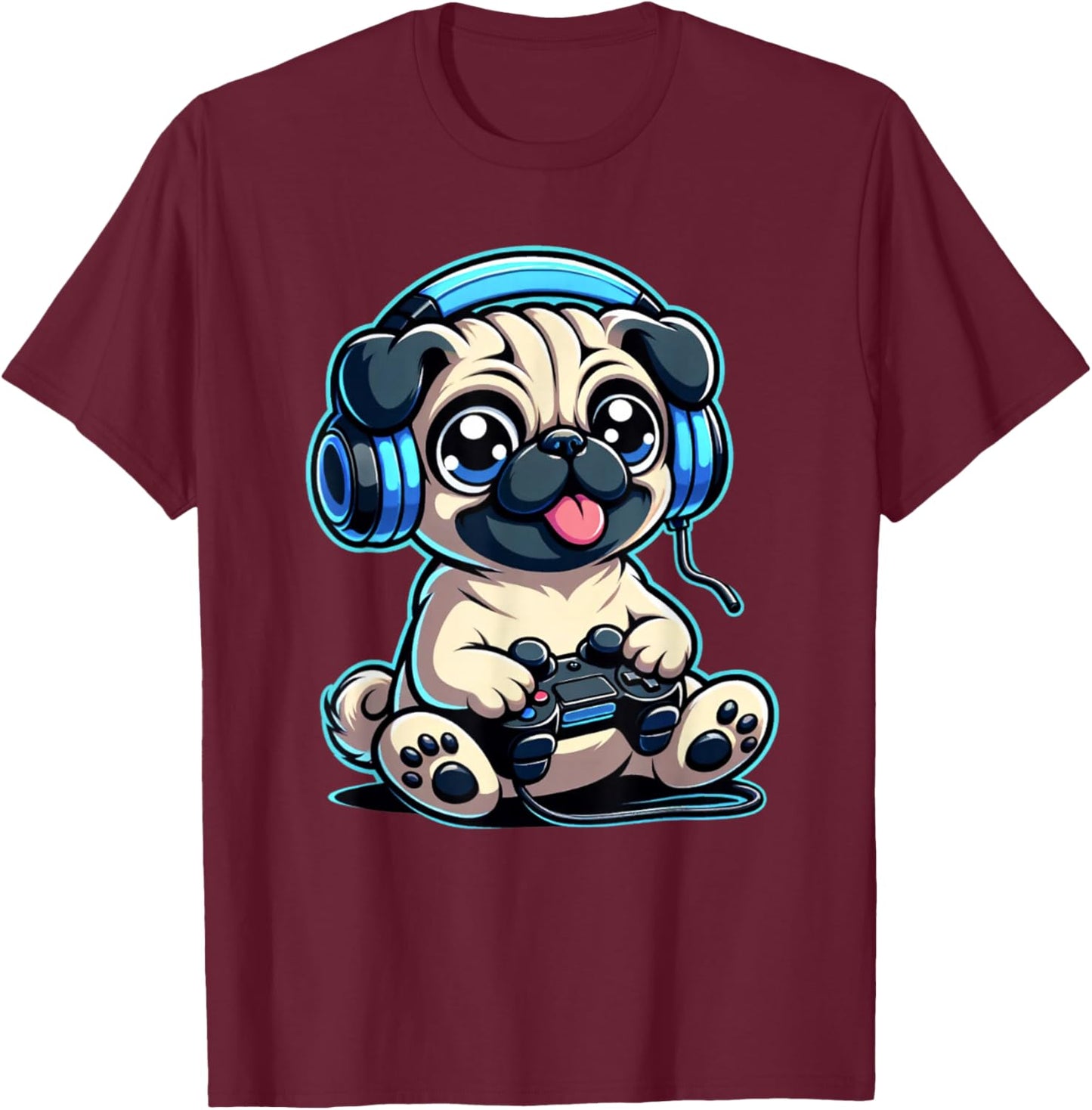 Funny Pug Gamer Dog Gaming Pug Pugs Video Game , Small, Black T-Shirt - T-Shirt | Maroon