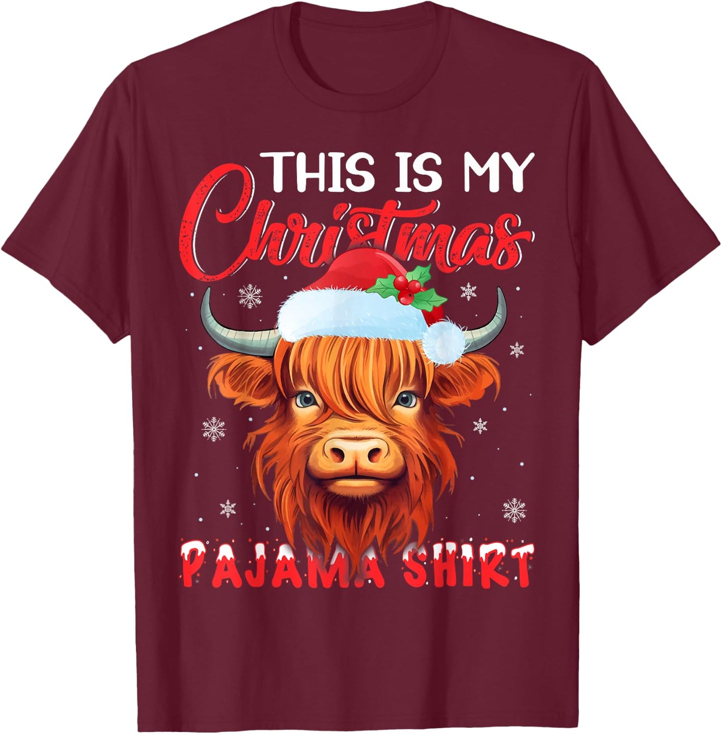 This Is My Christmas Pajamas Santa Hat Cow Christmas T-Shirt - T-Shirt | Maroon