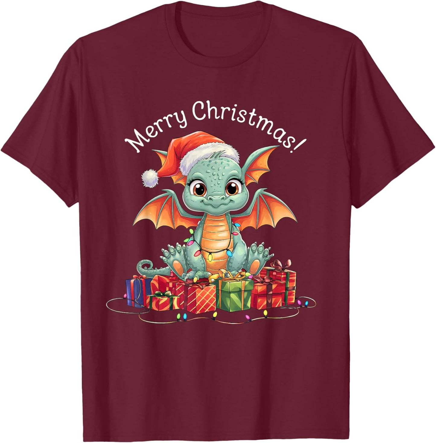 Dragon Christmas Sweater Dragon Fairy Lights cute funny T-Shirt - T-Shirt | Maroon