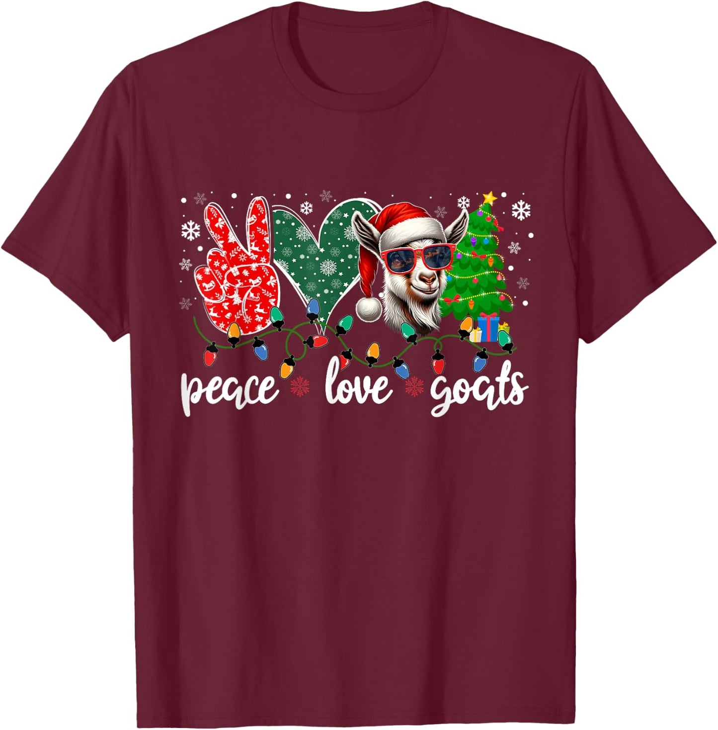Peace Love Goats Funny Goat Santa Hat Sunglasses Xmas Tree T-Shirt - T-Shirt | Maroon