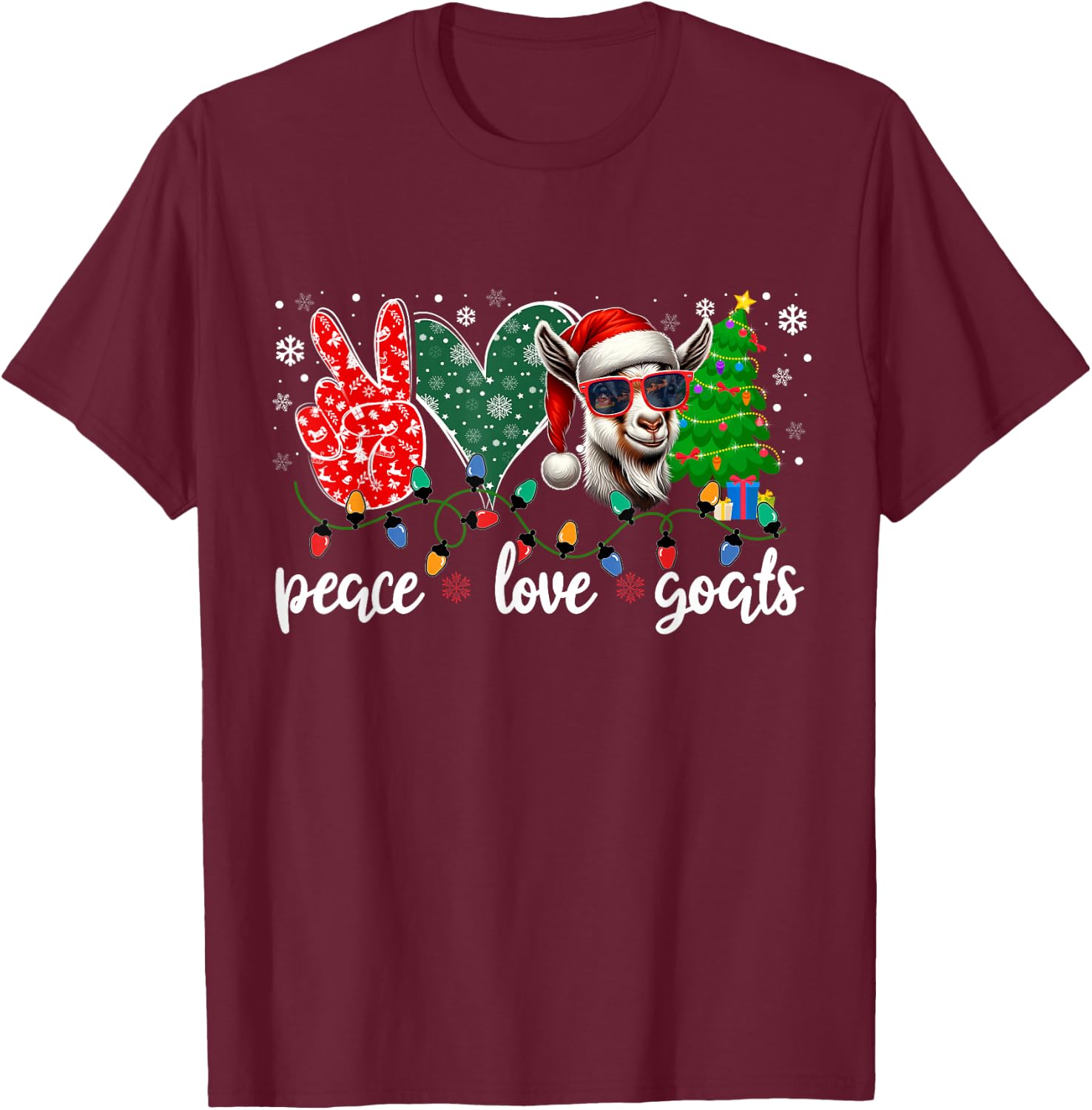 Peace Love Goats Funny Goat Santa Hat Sunglasses Xmas Tree T-Shirt - T-Shirt | Maroon