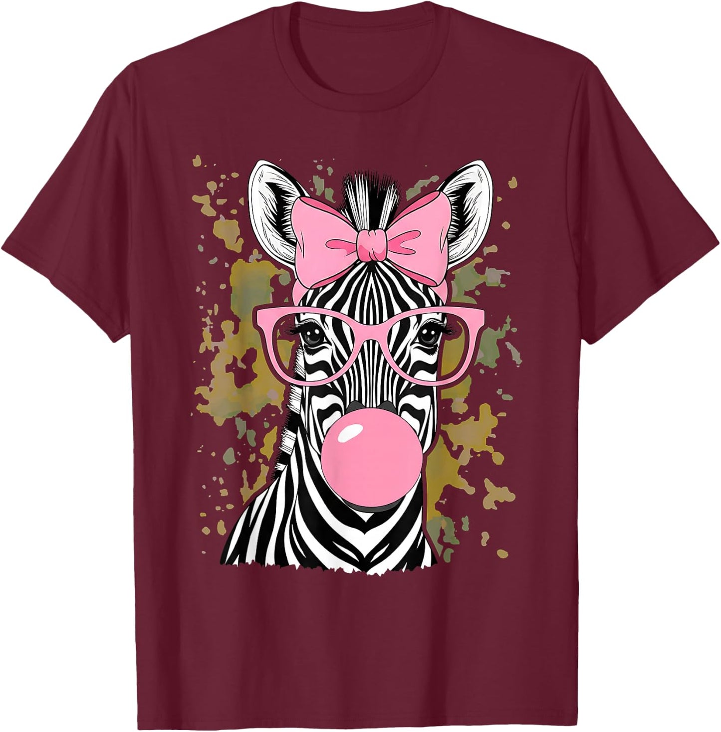 Zebra Wearing Glasses and Blowing Pink Bubble Gum T-Shirt - T-Shirt | Maroon