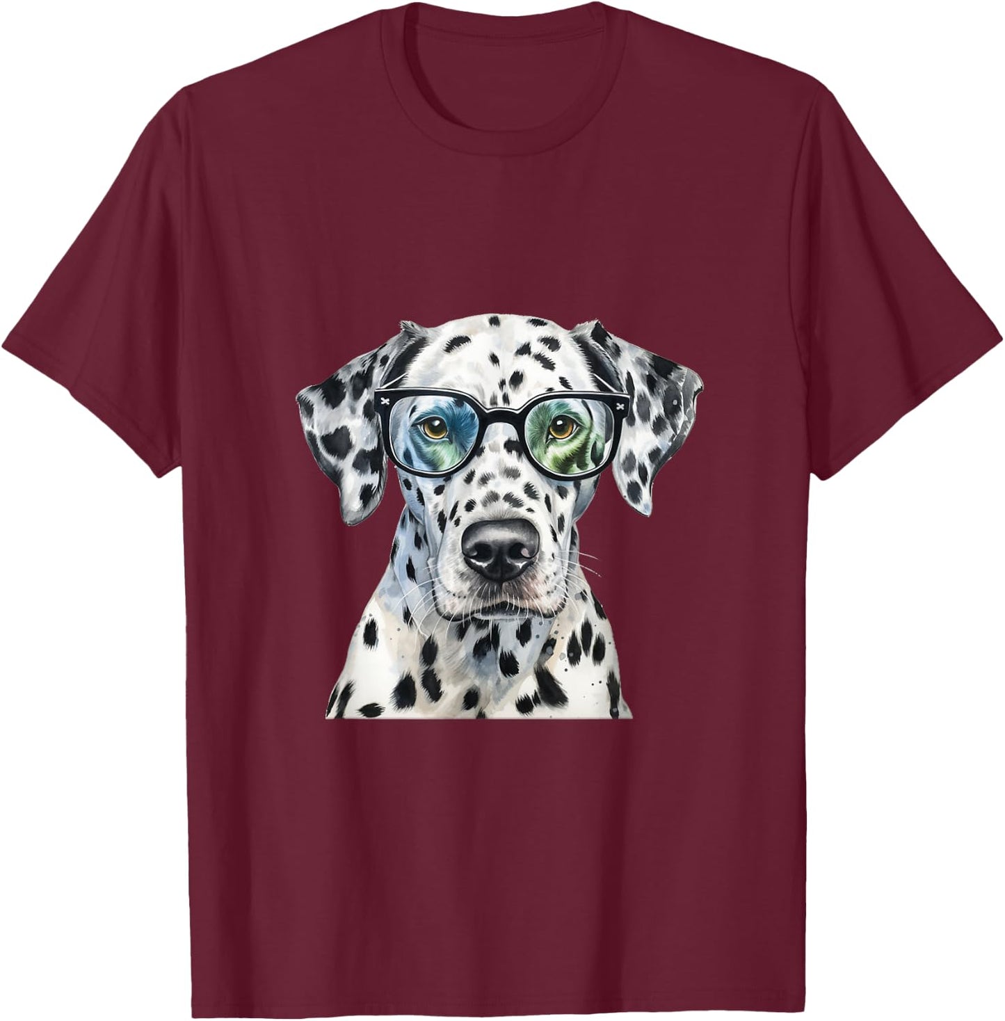 Dalmatian Watercolour Dog Wearing Glasses T-Shirt - T-Shirt | Maroon