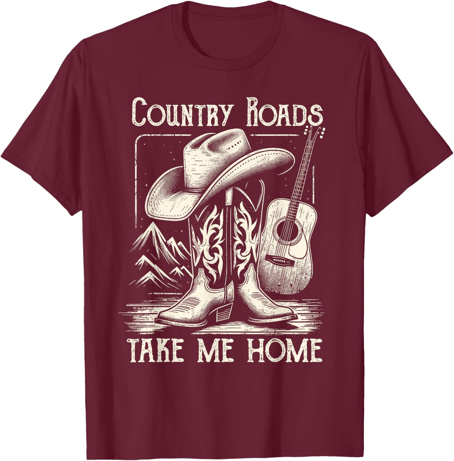 Country Roads Take Me Home Cowboy Western Virginia Retro T-Shirt - T-Shirt | Maroon