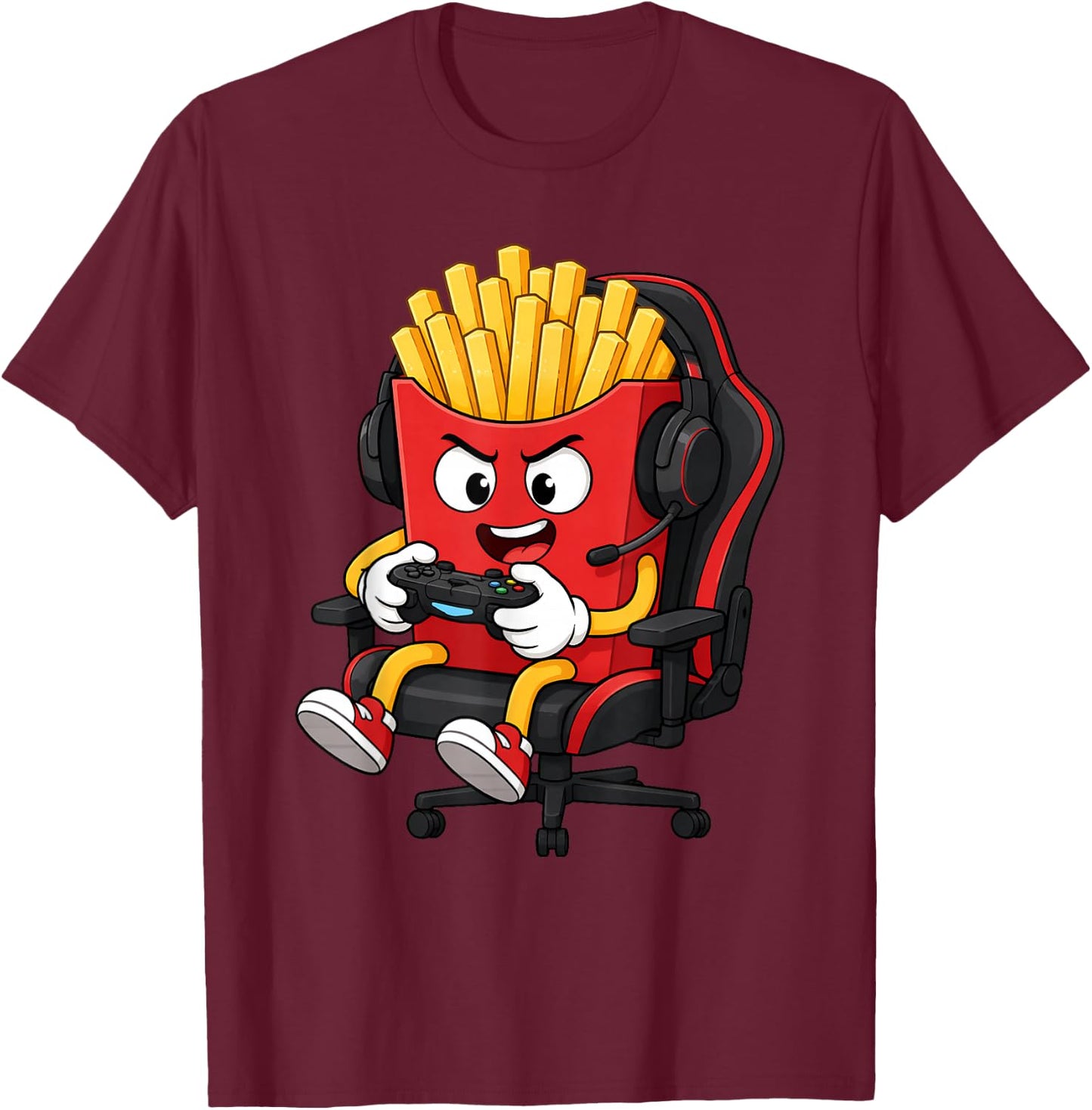 Fries Playing Video Games Funny Fast Food Kids Gamer Gears T-Shirt - T-Shirt | Maroon