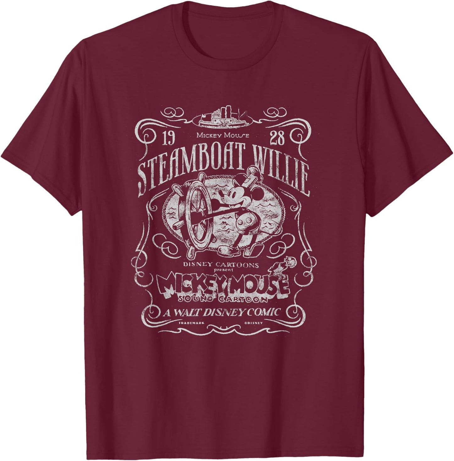 Disney 100 Mickey Mouse Steamboat Willie Poster Homage D100 T-Shirt - T-Shirt | Maroon